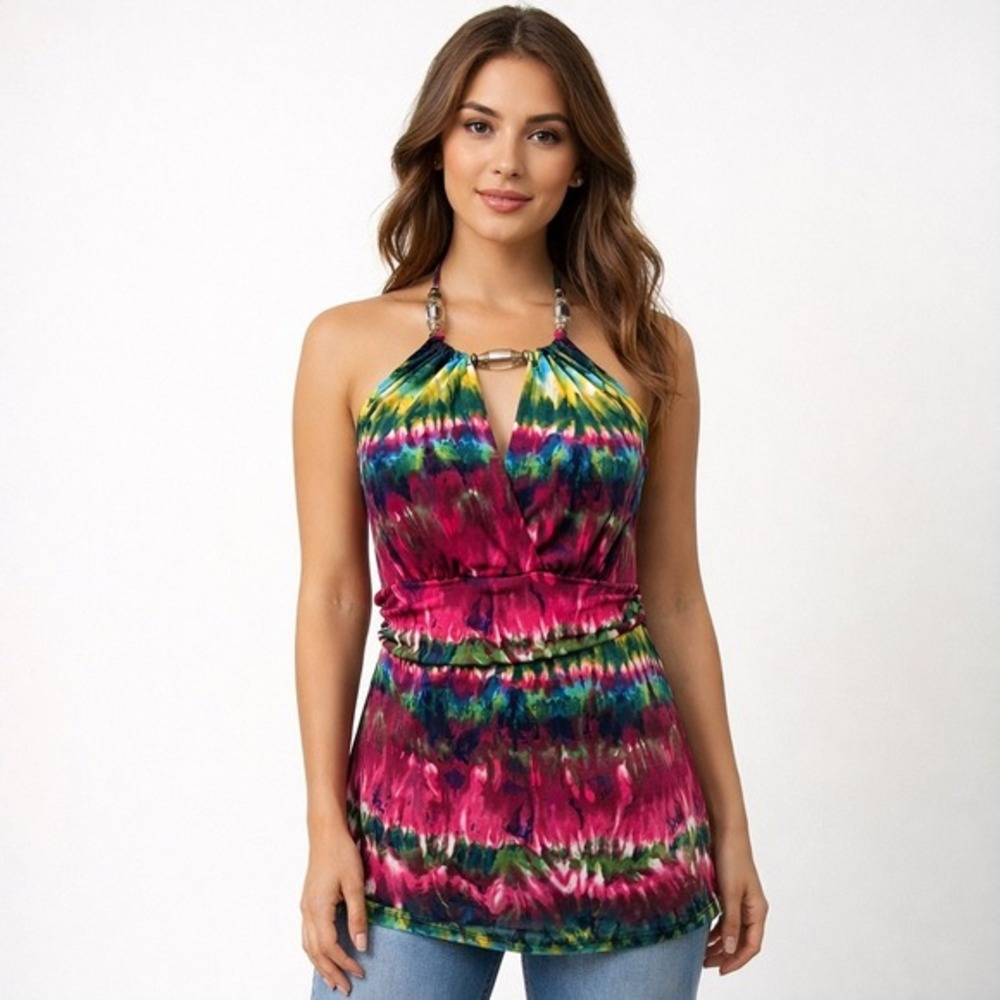 Candies Tie Dye Halter Top Size M Multicolor Beaded Neckline Y2K Resortwear